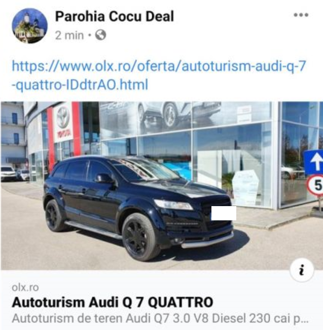 Un preot din Argeș își vinde mașinia. Un Audi Q7, motor V8 diesel cu 230 CP